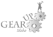 Logo with gears and a person holding scales, titled "Gear Up Idaho."