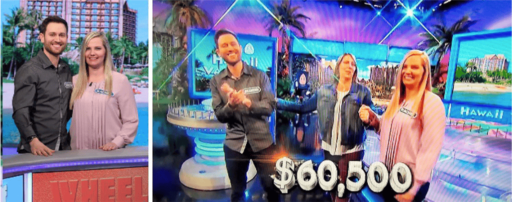 three people celebrating on a colorful game show set with a $60.5K prize.