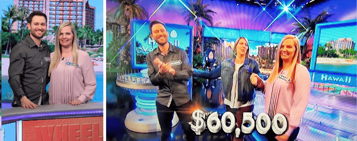 Two men laughing and clapping on a colorful game show set.