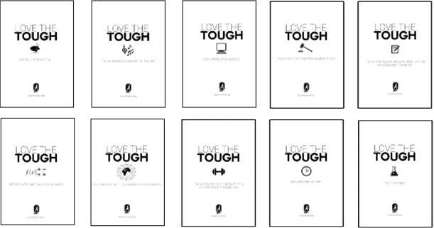 Six posters with motivational 'Love the Tough' messages and fitness icons.