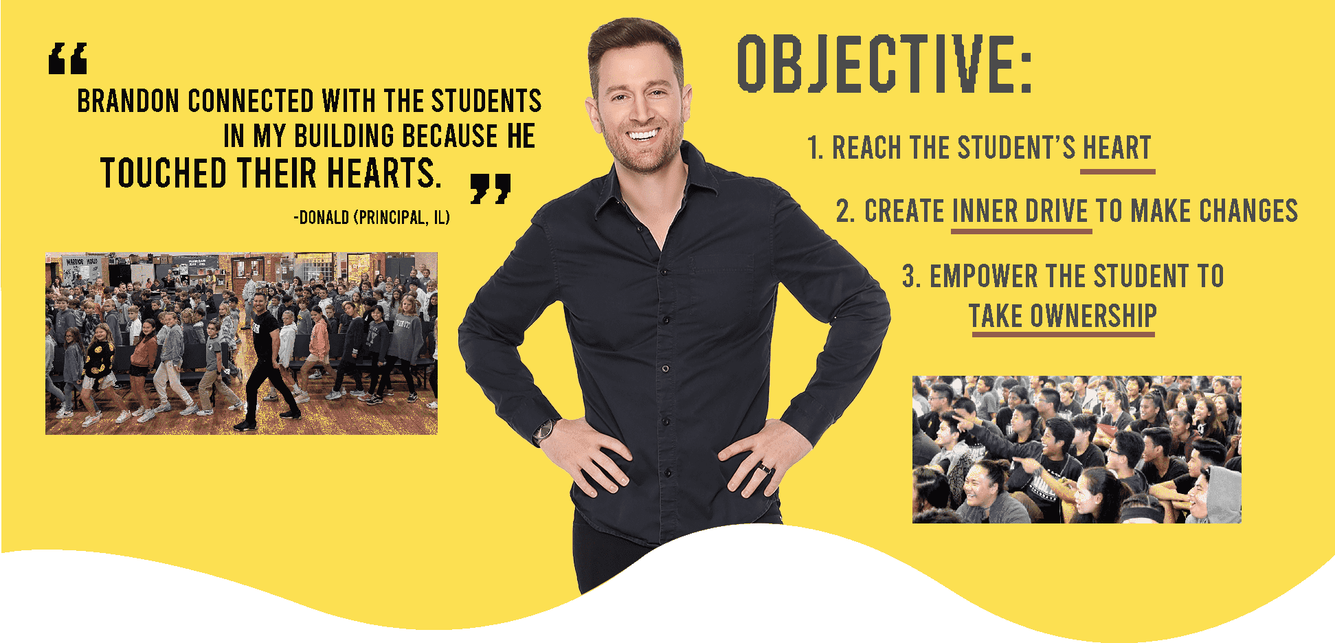 Brandon Lee White acting as a guest speaker for schools in a gymnasium.